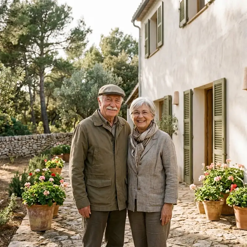 Pareja de jubilados sonriendo en el jardín de su casa de dos plantas