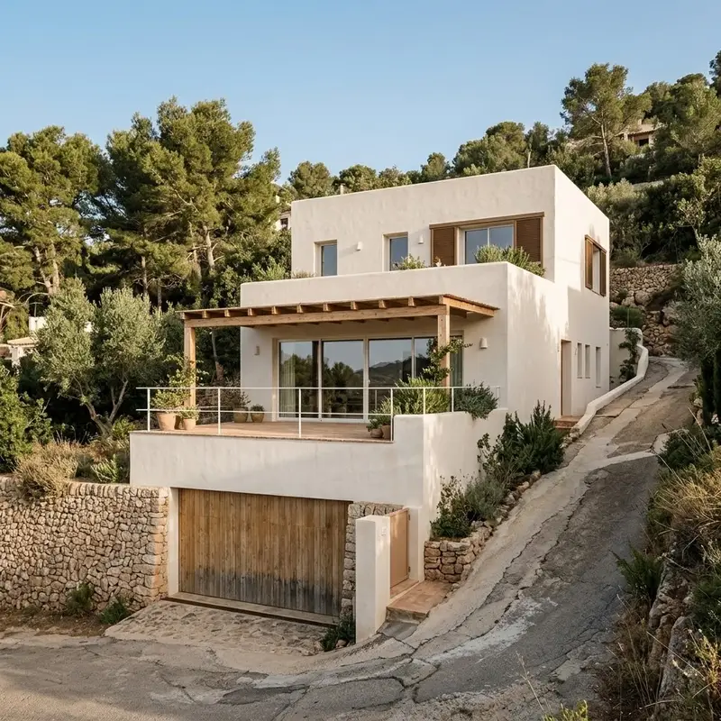 Casa de tres plantas escalonada en una ladera con garaje en la planta baja