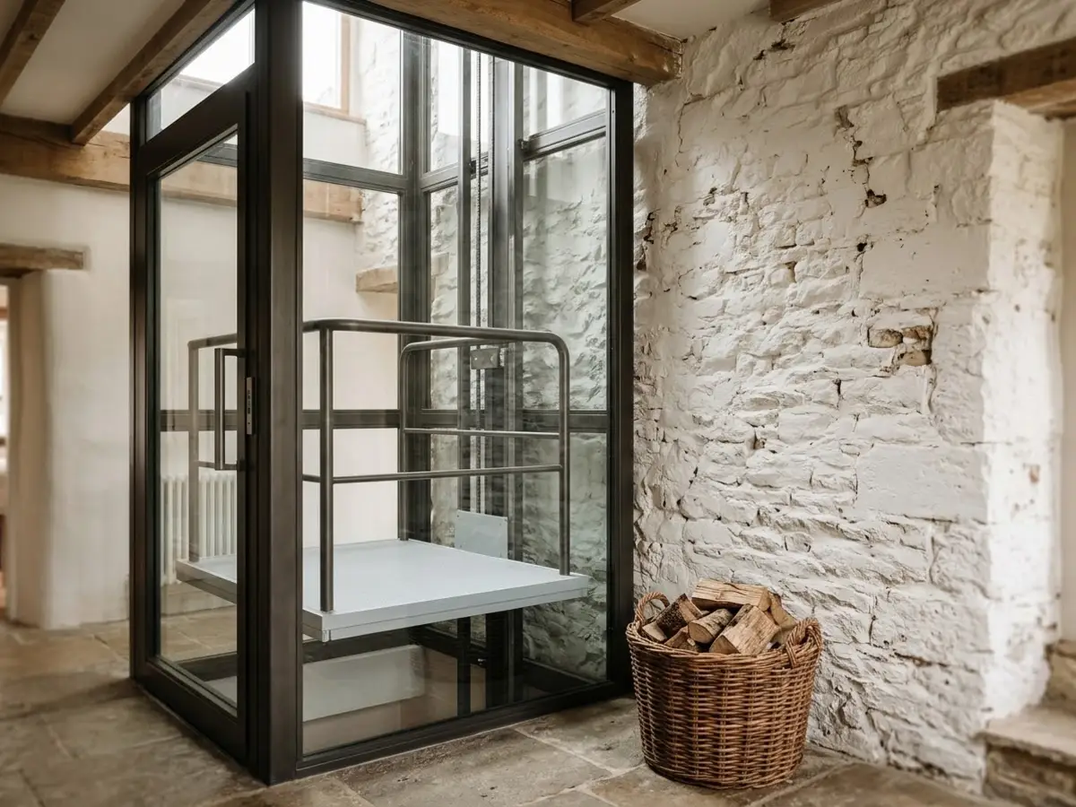 Elevador de casa con plataforma abierta y barandilla subiendo junto a una pared de piedra