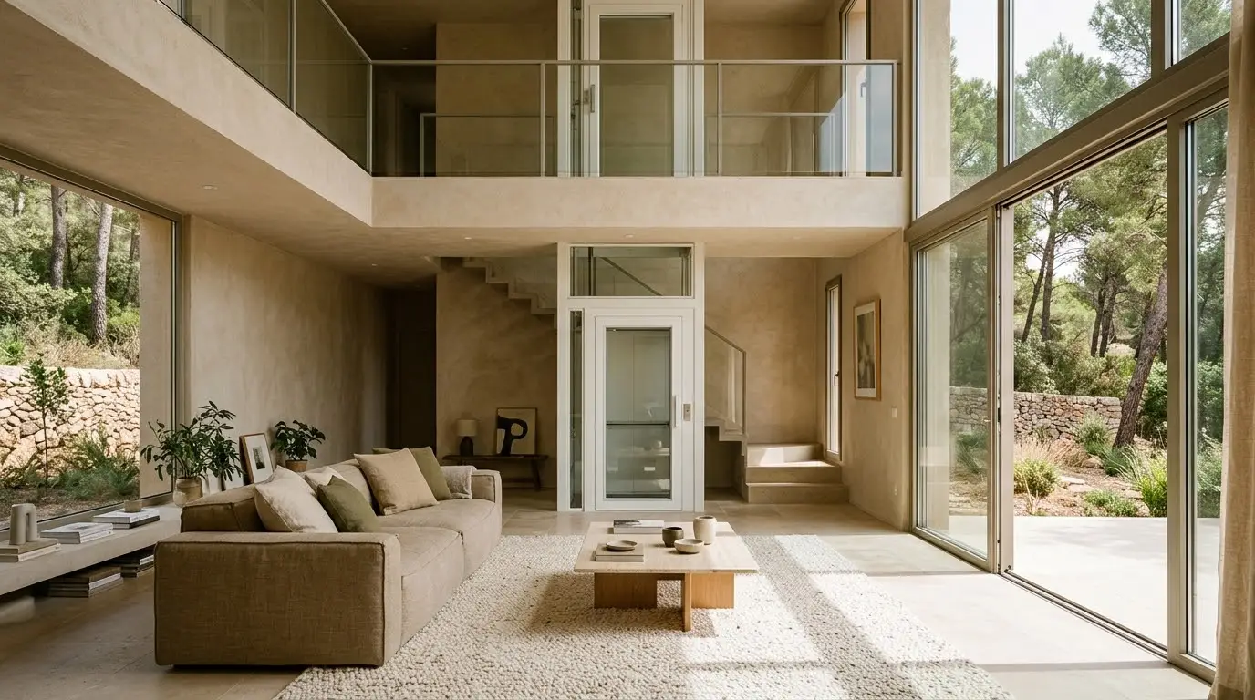 Elevador de casa con cabina blanca y puerta de cristal en el salón de una vivienda de dos plantas