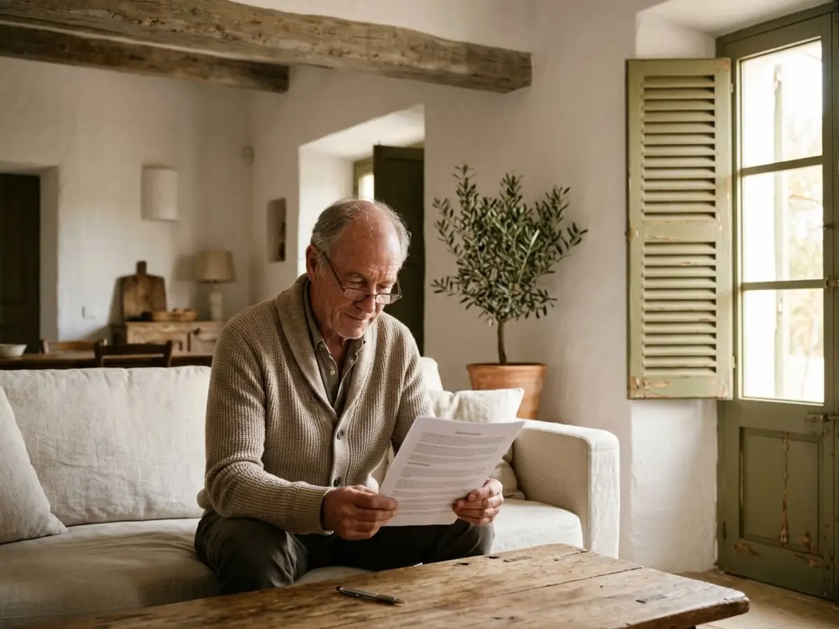 Hombre leyendo el contrato de mantenimiento del ascensor sentado en el sofá de su casa