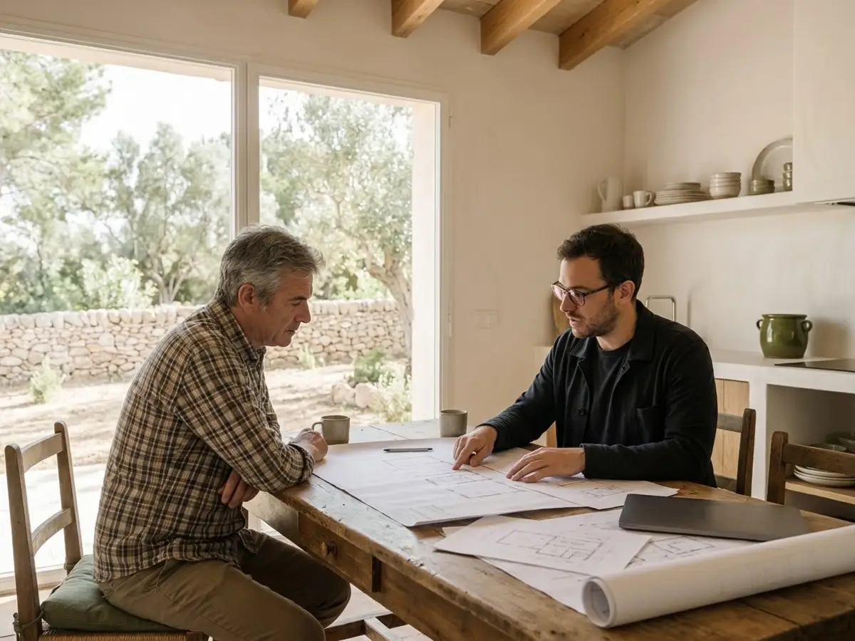 Hombre revisando con un arquitecto los planos de la casa en la mesa de la cocina