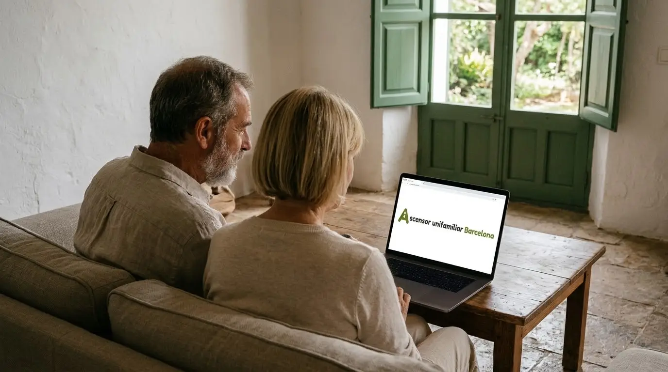 Pareja mirando el presupuesto del ascensor en un portátil, sentados en el salón de su casa