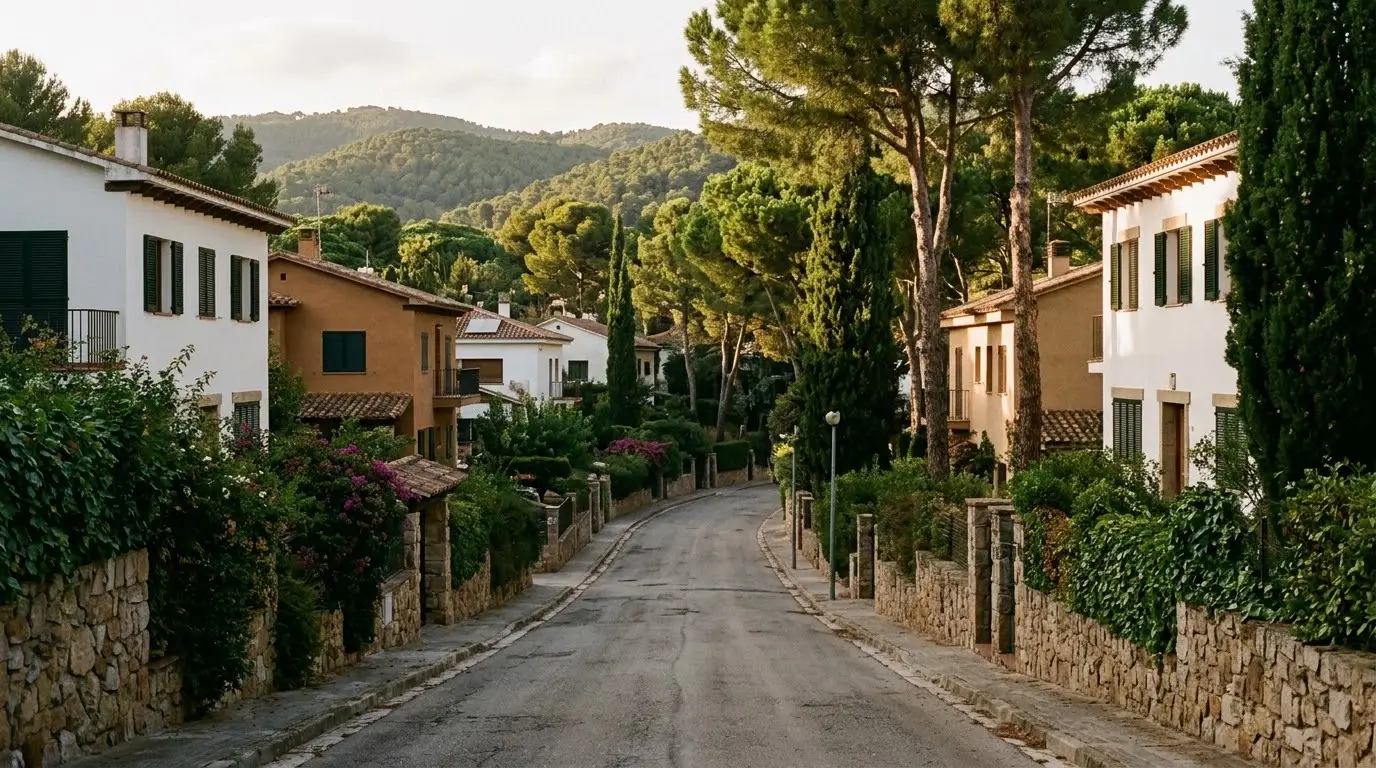 Calle en pendiente de una urbanización de Sant Cugat con casas de varias plantas entre pinos