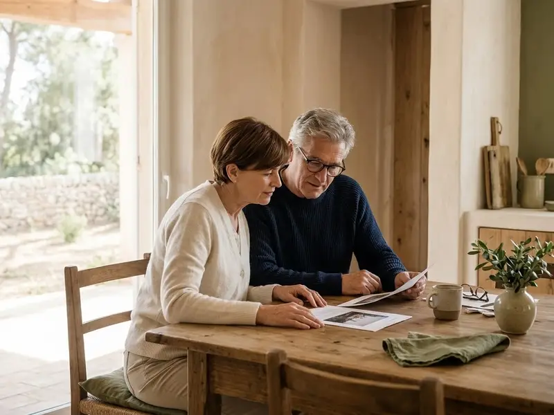 Pareja de mediana edad mirando juntos un presupuesto en la mesa del comedor de su casa