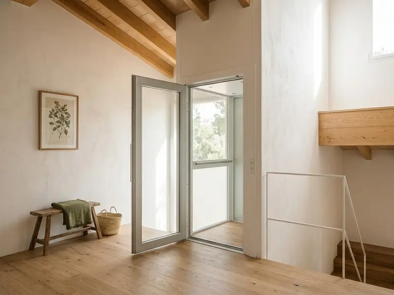 Cabina de ascensor de casa con puerta de cristal abierta en el rellano de una vivienda