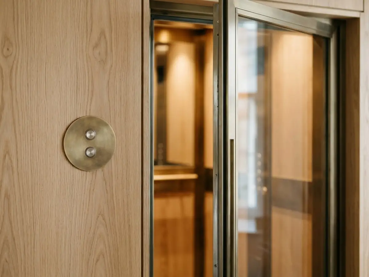Detalle de la botonera y la puerta de cristal de la cabina de un ascensor de casa