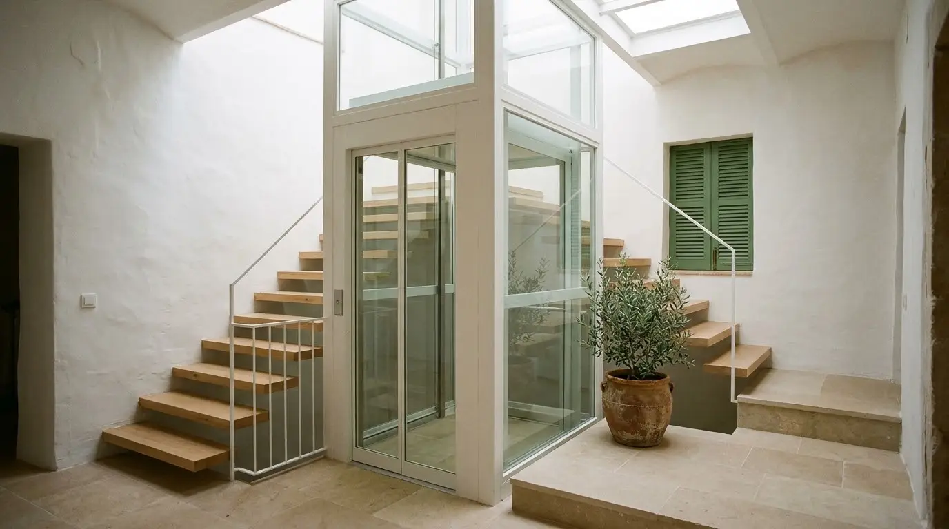 Ascensor de casa con cabina de cristal y estructura blanca en el hueco de una escalera